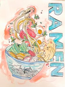 Bol de ramen vu de trois quarts, nouilles, oeuf et legumes en suspension au dessus du bouillon, accompagne du mot RAMEN en lettres bleues a l aquarelle.