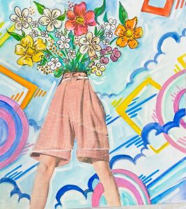 Personnage dont le buste est remplace par un bouquet de fleurs epanouies, jambes nues et bermuda rose, sur un fond de nuages et d arcs colores a l aquarelle.