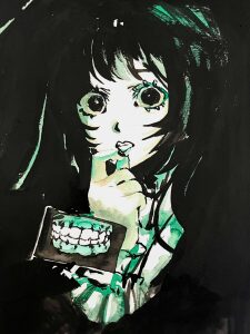 Personnage manga aux grands yeux, cheveux noirs, tenant un dentier devant lui, peint a l encre noire et verte sur fond sombre.