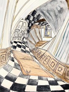 Vue plongeante sur un escalier et un couloir au sol en damier noir et blanc, dessines au crayon graphite et rehausses de lavis, exercice de perspective.