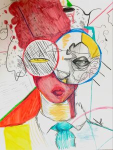Portrait dont le visage est decompose en fragments et en cercles superposes, traite au crayon de couleur, au feutre et au trait de graphite.