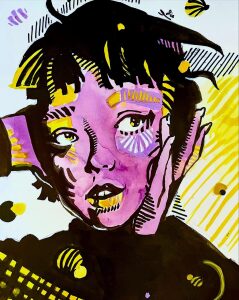 Portrait frontal d un enfant traite en aplats violets et jaunes, le visage strie de hachures et de traits noirs, a l encre et au feutre.