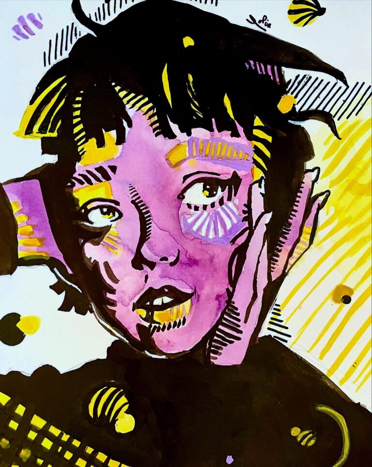 Portrait frontal d un enfant traite en aplats violets et jaunes, le visage strie de hachures et de traits noirs, a l encre et au feutre.