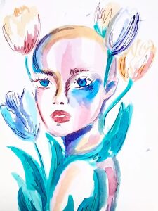 Portrait feminin peint a l aquarelle dans des bleus et des roses, entoure de quatre tulipes aux longues tiges vert d eau.