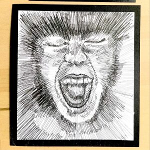 Visage bouche grande ouverte, entierement construit par des milliers de hachures a l encre noire qui rayonnent depuis le centre du dessin.
