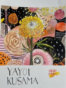 Une grande fleur jaune entouree de galets colores, de spirales et de pois, peinte a l aquarelle et au feutre sur papier d art.
