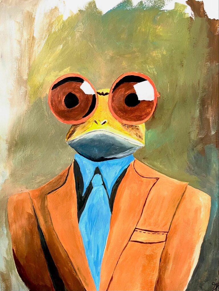 Portrait d une grenouille aux grands yeux ronds, vetue d une veste orange et d une cravate bleue, peinte a l acrylique sur fond vert olive.