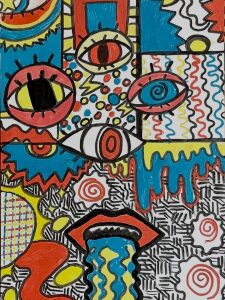 Composition saturee de couleurs primaires ou se repondent plusieurs yeux, une bouche et des motifs de rayures, de spirales et de damiers, peinte au marqueur et a la gouache.