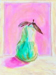 Une poire verte et sa feuille, posee au centre d un fond rose vif, travaillee au pastel sec en larges frottis.